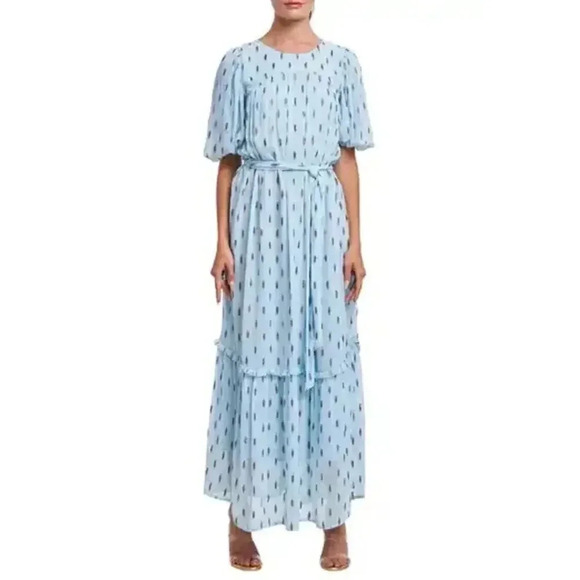 Ciebon Dresses & Skirts - CIEBON Angela Metallic Silver Tinsel Print Ruffle Boho Maxi Dress Women's XS NEW